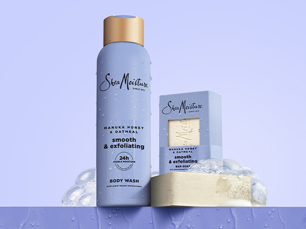 A collection shot of the Manuka Honey &amp; Oatmeal Body Wash and Bar Soap on a blue background.