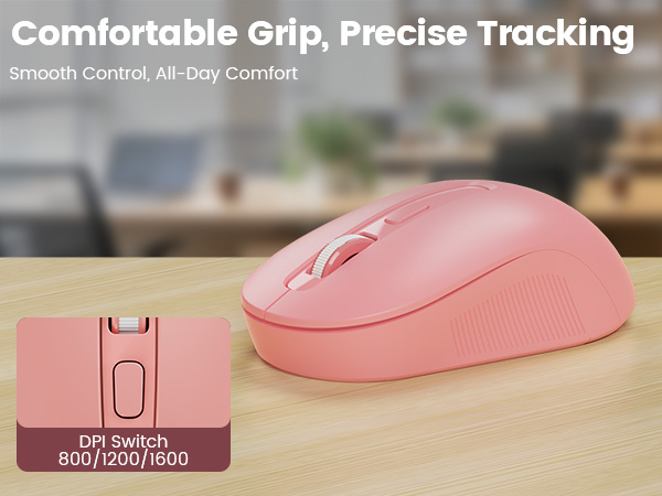 Ergonomic wireless mouse on desk, close-up shows DPI switch for 800/1200/1600 tracking.