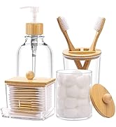 Bamboo Bathroom Accessories Set 4 Pcs - Clear Toothbrush Holder Plastic Soap Dispenser and 2 Qtip...
