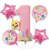 PartyWoo Baby Shark Pink Foil Number 1 Balloon 5pcs 40 18 Inch Pink Round Star Mylar Helium Birth...