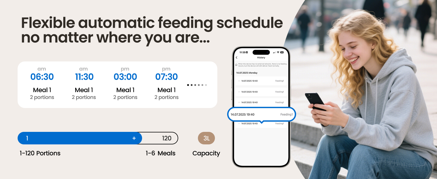 Text reads 'Flexible automatic feeding schedule no matter where you are'. Mobile app interface showing pet feeding schedule with time slots and settings.