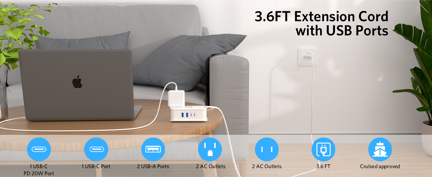 3.6ft extension cord with USB ports