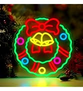 FITNATE Christmas Wreath Neon Sign for Wall Door Decor, 16'' Dimmable Christmas Neon Light, USB P...