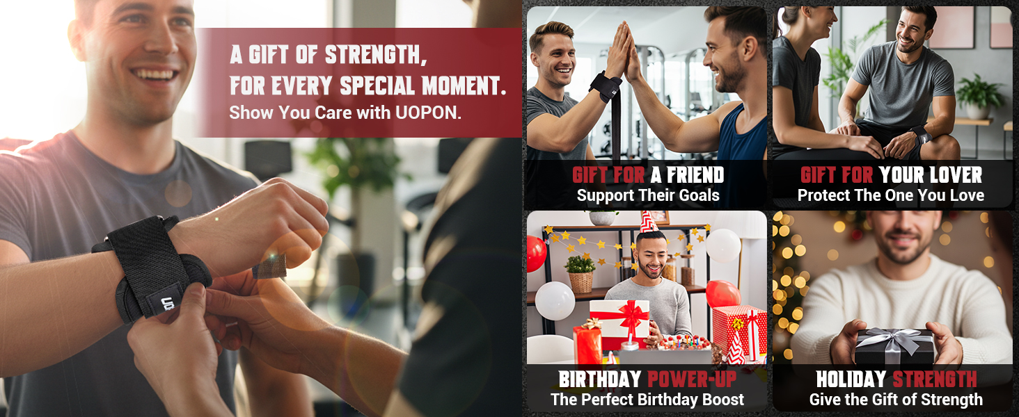 Showing the UOPON lifting straps as the perfect gift for men, ideal for birthdays, holidays.