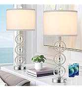Set of 2 Modern Silver Table Lamps with 2 USB Charging Ports, 27“ Tall Crystal Bedside Nightstand...