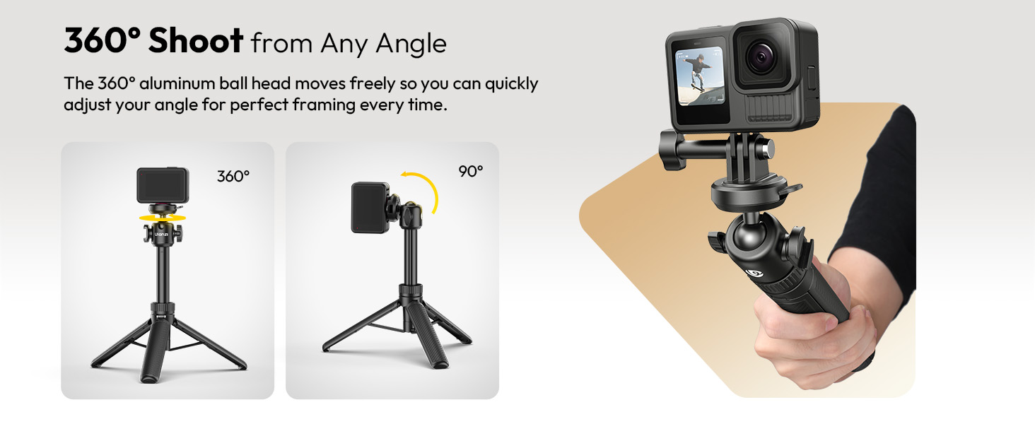 Text reads '360° Shoot from Any Angle'. Multiple views of a camera mount system showing various shooting angles and positions with tripod setup.