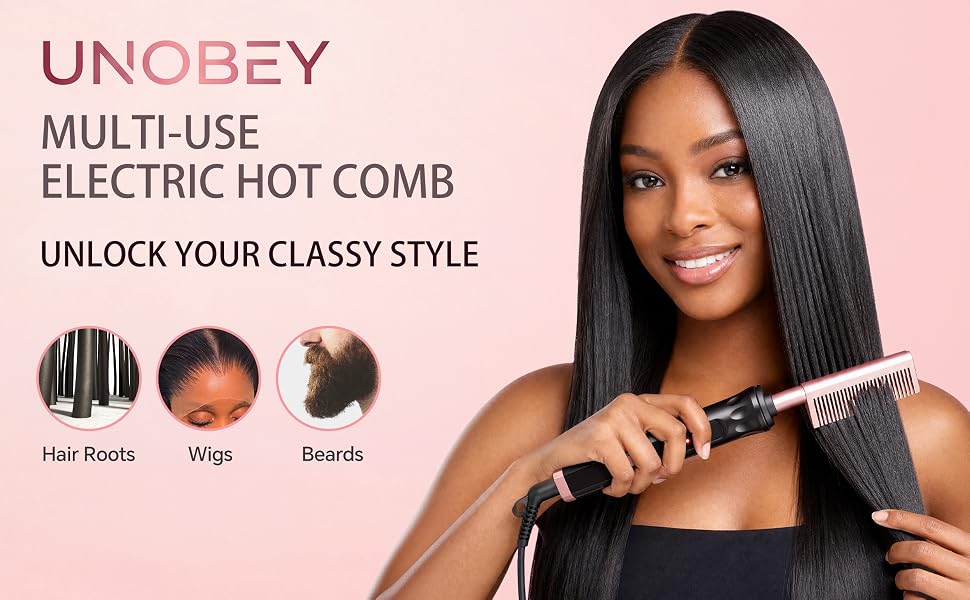 Text reads 'UNOBEY MULTI-USE ELECTRIC HOT COMB UNLOCK YOUR CLASSY STYLE' with icons showing Hair Roots, Wigs, Beards uses. Woman with long dark hair demonstrating black heated styling comb.