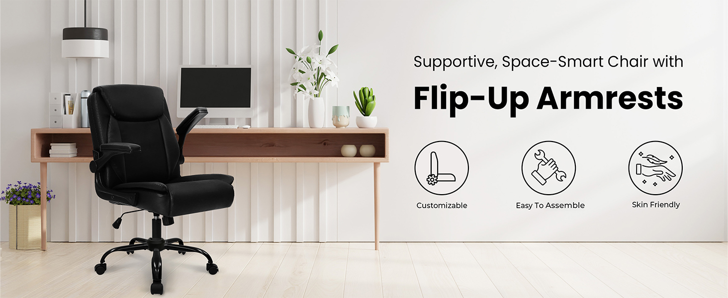 Supportive office chair with padded flip-up armrests