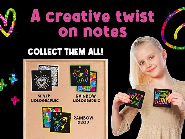 Little artists delighting in revealing rainbow colors on scratch notes, hands busy with styluses