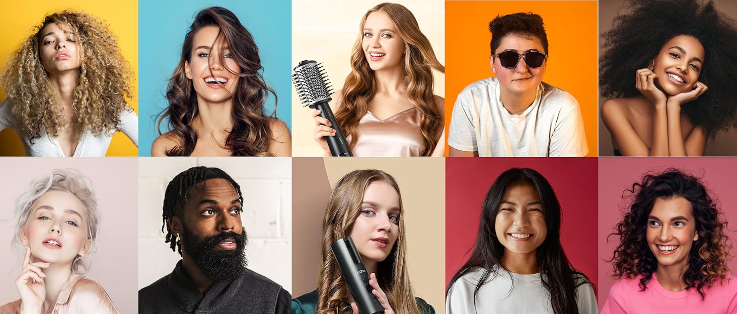 Grid of diverse portrait headshots featuring various individuals with different hairstyles, expressions, and skin tones against colorful backgrounds.