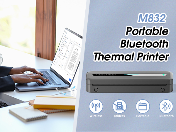 portable printers wireless for travel thermal bluetooth inkless 300dpi M832 phone laptop compact