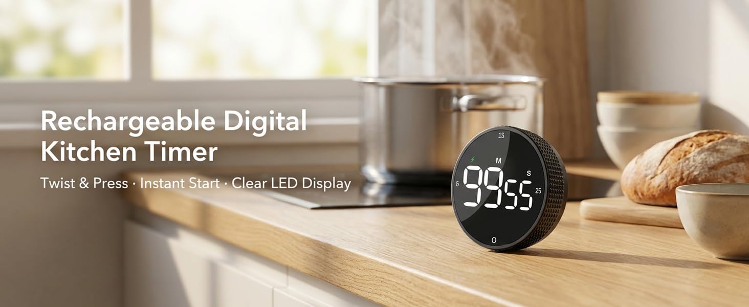 Text reads 'Rechargeable Digital Kitchen Timer'. Modern kitchen timer shown in different angles on wooden counter surface.