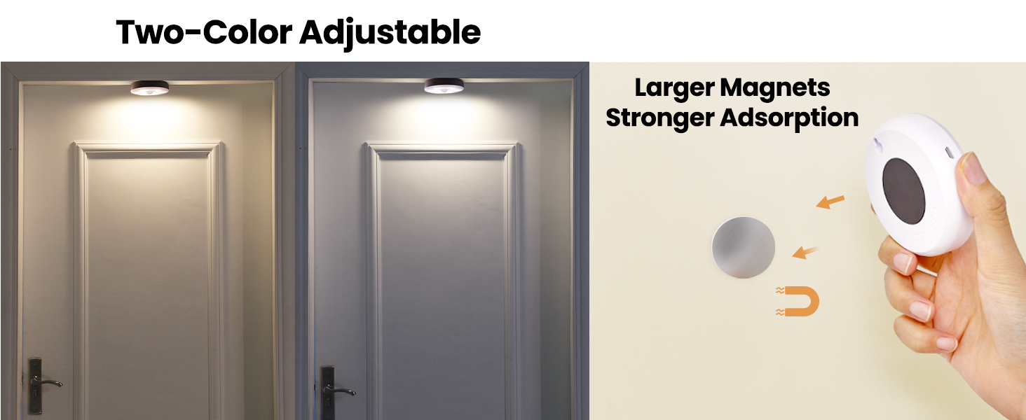 Two-color adjustable lighting fixture demonstrated on closet doors, with larger magnets for stronger adsorption shown separately.