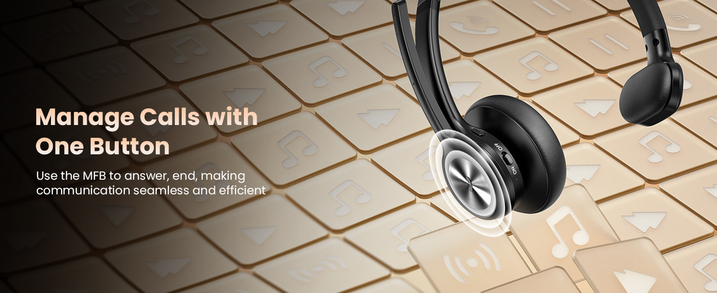 Text: 'Manage Calls with One Button'. Professional over-ear headphones shown in multiple angles against wooden floor tiles.
