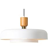 Modern Pendant Light 19.68 inch, 2 Tiers Matte White Shade, Natural Wood and Brass Accent, Farmho...