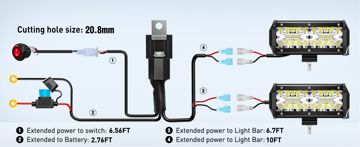 6.5Inch 120W Spot Flood Combo Light Bar with 4Inch Horizontal Bar Clamp with Wiring Harness Kit