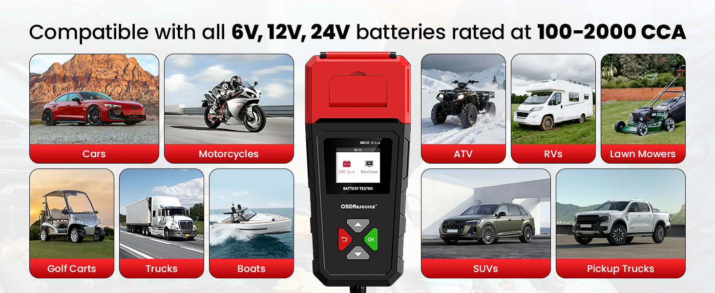 Compatible with all 6V, 12V, 24V batteries rated at 100-2000 CCA