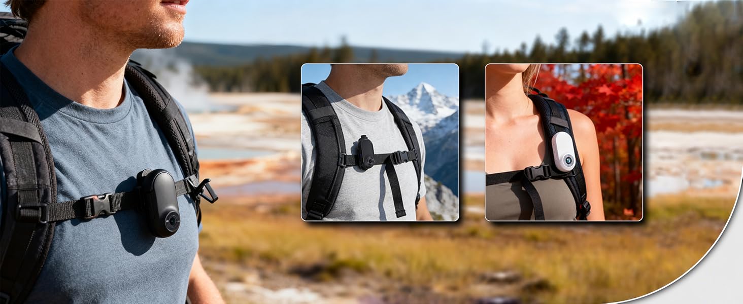 Three connected images showing someone wearing and demonstrating what appears to be camera or equipment harness in outdoor settings.
