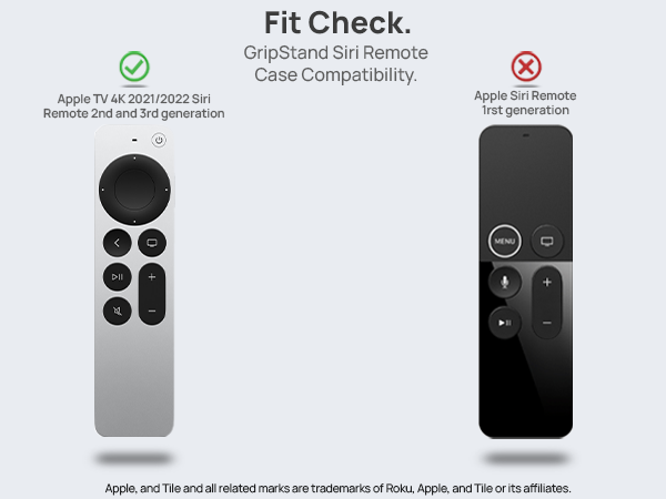 Compatibility chart showing GripStand fits 2nd/3rd gen Siri Remotes, not 1st gen