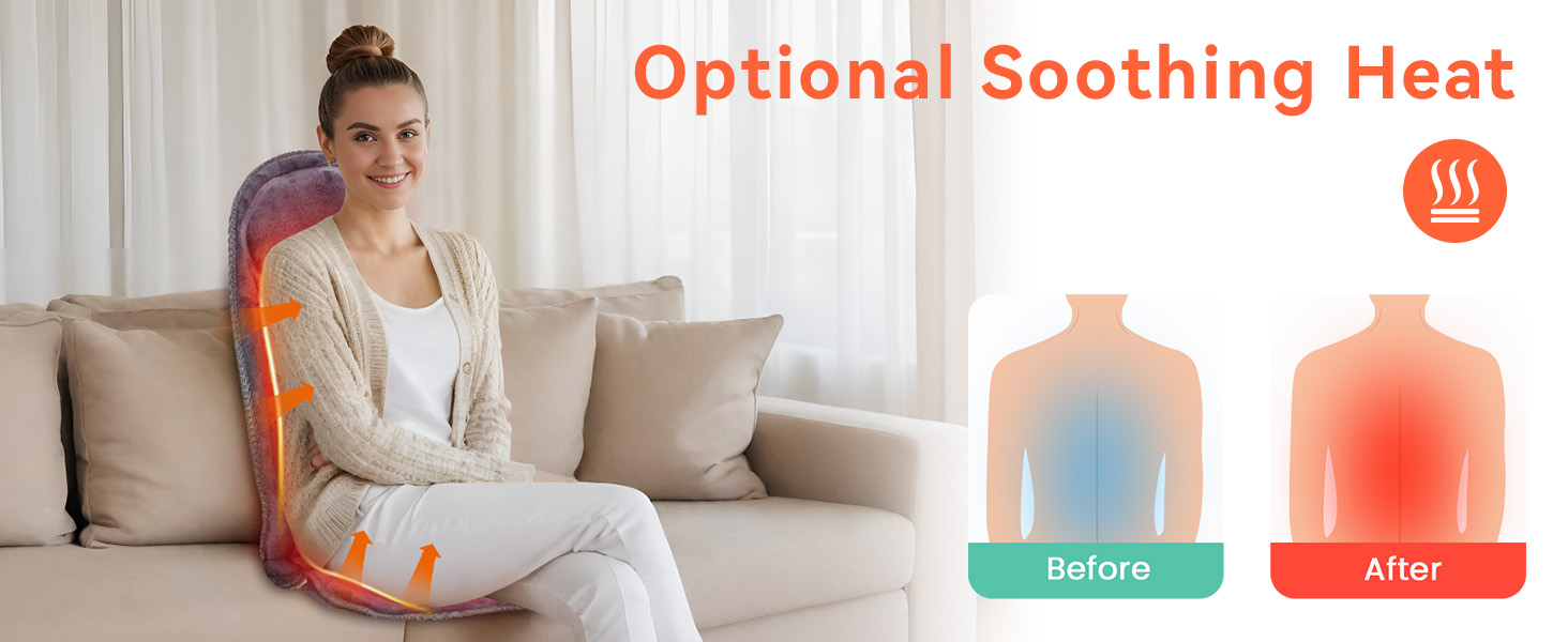 Woman sitting on couch wearing a white heating pad or wrap on her arm. Two icons show 'Before' in blue and 'After' in red.