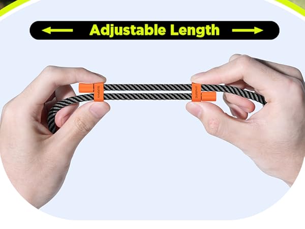 Hands demonstrating adjustable length feature of a braided cable with orange clips. Text overlay reads 'Adjustable Length' with arrows indicating expandability.