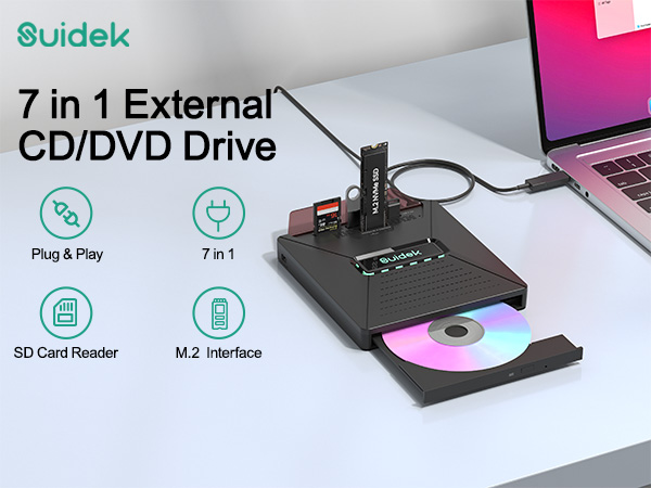 Text reads '7 in 1 External CD/DVD Drive'. Product images showing external disk drive with features including 'SD Card Reader' and 'M.2 Interface' labeled with icons.