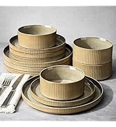 GBHOME Stoneware Dinnerware Sets for 4, 12 Pieces Ceramic Ribbed Plates and Bowls Set, Reactive G...