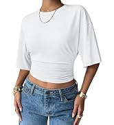 Sampeel Crop Summer Tops 2026 Trendy Batwing Short Sleeve Ruched Waist Slim Fitted Basic Tees Goi...