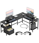 Furologee 66” L Shaped Desk with Power Outlet, Reversible Computer Gaming Desk with File Drawer &amp;...
