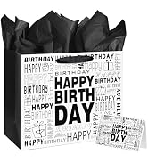 13" Large Black and White Happy Birthday Gift Bag with Tissue Paper and Card for Men Women Birthday