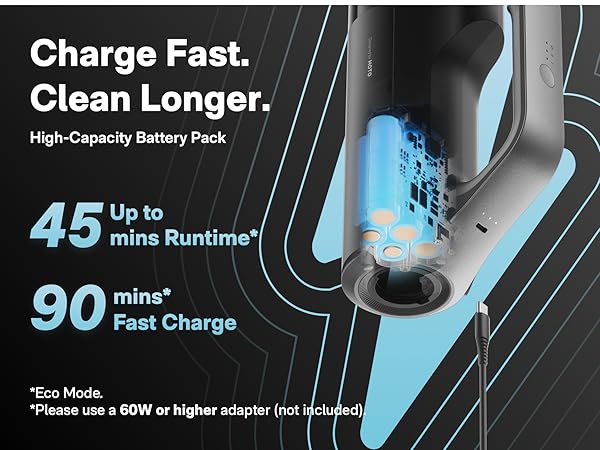 Up to 45 min(eco mode) on one charge for extended home car cleaning, USB-C 60W fast charge in 90min