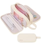 SKYDUE Large Capacity Pencil Case with Handle, 3 Compartment Canvas Pencil Pouch, Cute Soft Color...