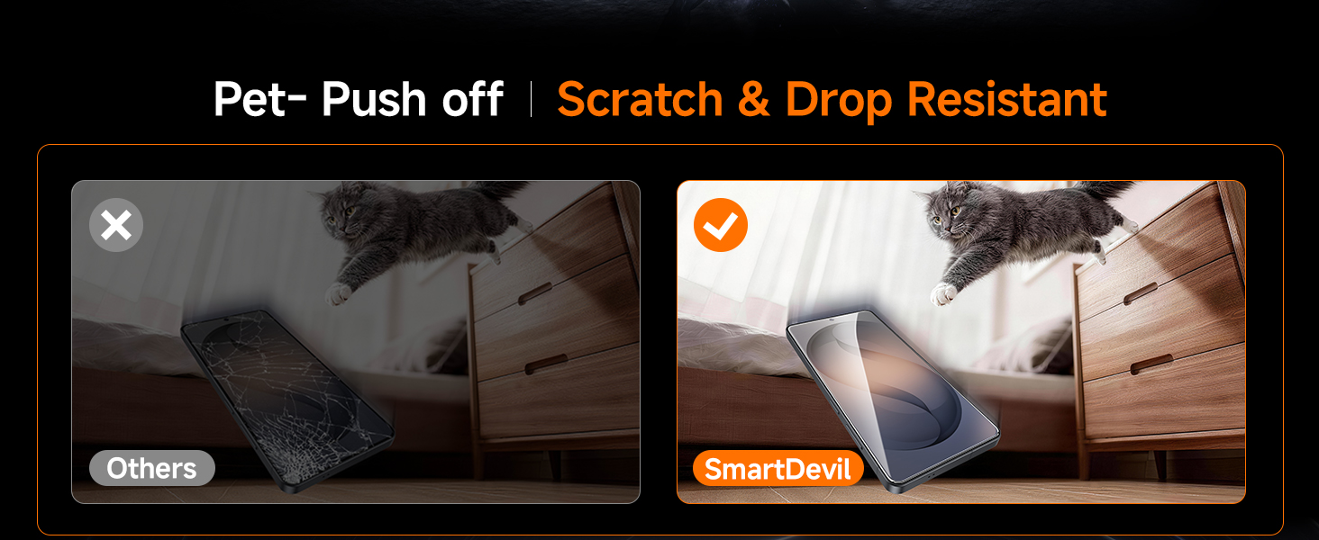 Text reads 'Pet-Push off' and 'Scratch &amp; Drop Resistant'. Split comparison image showing product demonstration in dark tones.