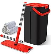 Mop and Bucket with Wringer Set, Flat Mop and Bucket Set with 3 Washable &amp; Reusable Microfiber Pa...
