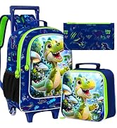 CCJPX 18" Dinosaur Rolling Backpack for Boys, 3Pcs Kids Wheeled Bookbag with Lunch Box, Lightweig...