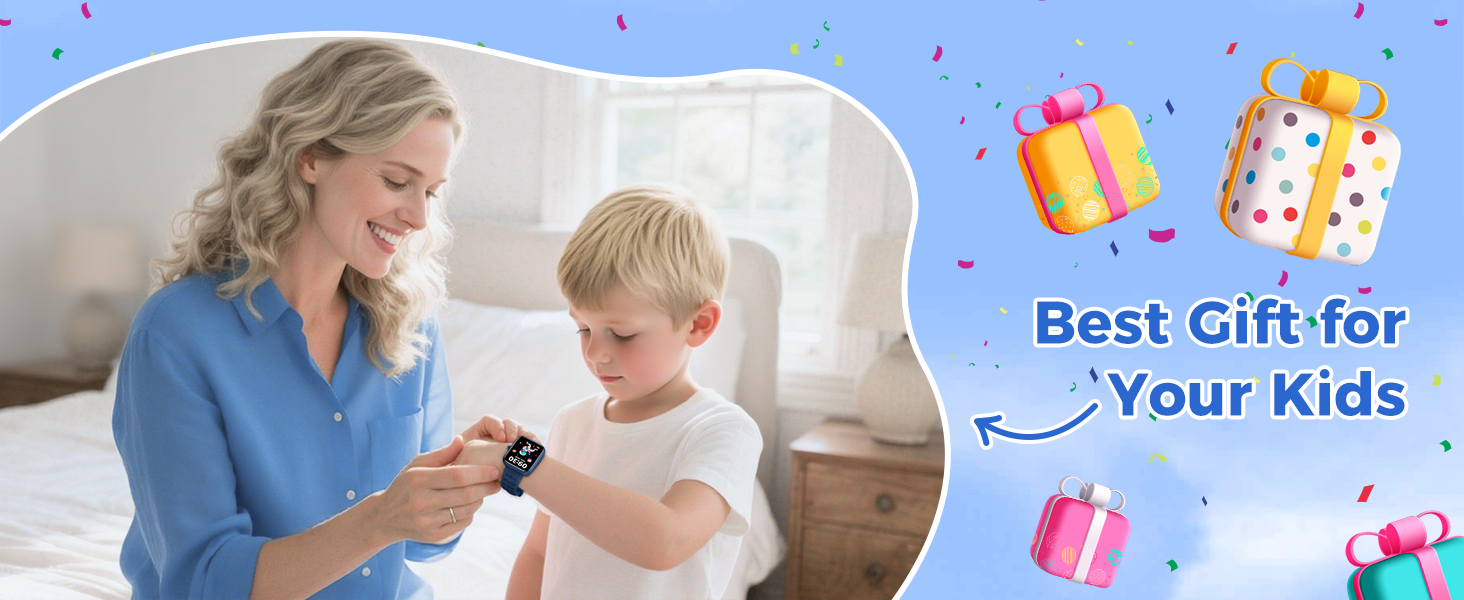 Text reads 'Best Gift for Your Kids'. Product demonstration showing interaction with electronic device, with decorative gift box emoji icons in corners.