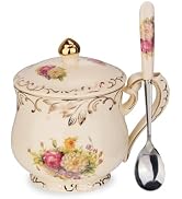 YOLIFE Tea Cup with Lid, 12 OZ Vintage Ceramic Tea Cup with Lid and Spoon, Flowering Shrubs Teacu...