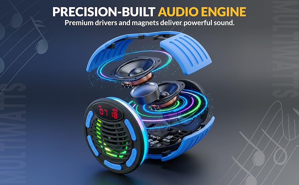 Stereo Bluetooth speaker with dual internal drivers, powerful magnets, and immersive 360 sound