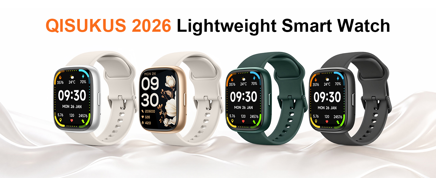 Text reads 'QISUSKUS 2026 Lightweight Smart Watch'. Four smartwatch models displayed showing digital time displays (09:30) in white, beige, green, and black colorways with various band styles.