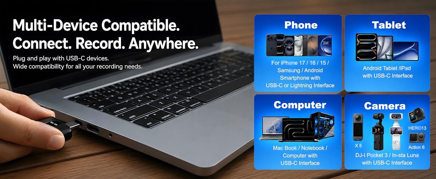 SONEVOX AirMic wireless microphone for iPhone, Android, USB-C devices, tablets and cameras