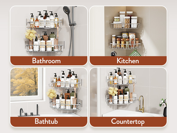 Text reads 'Kitchen', 'Bathroom', 'Countertop'. Collection of organizing shelves mounted on walls showing various bathroom and kitchen items neatly arranged.