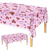 PLULON Valentines Tablecloth Hearts Table Cover Plastic 54 x 108 Inch Rectangle Picnic Table Clot...