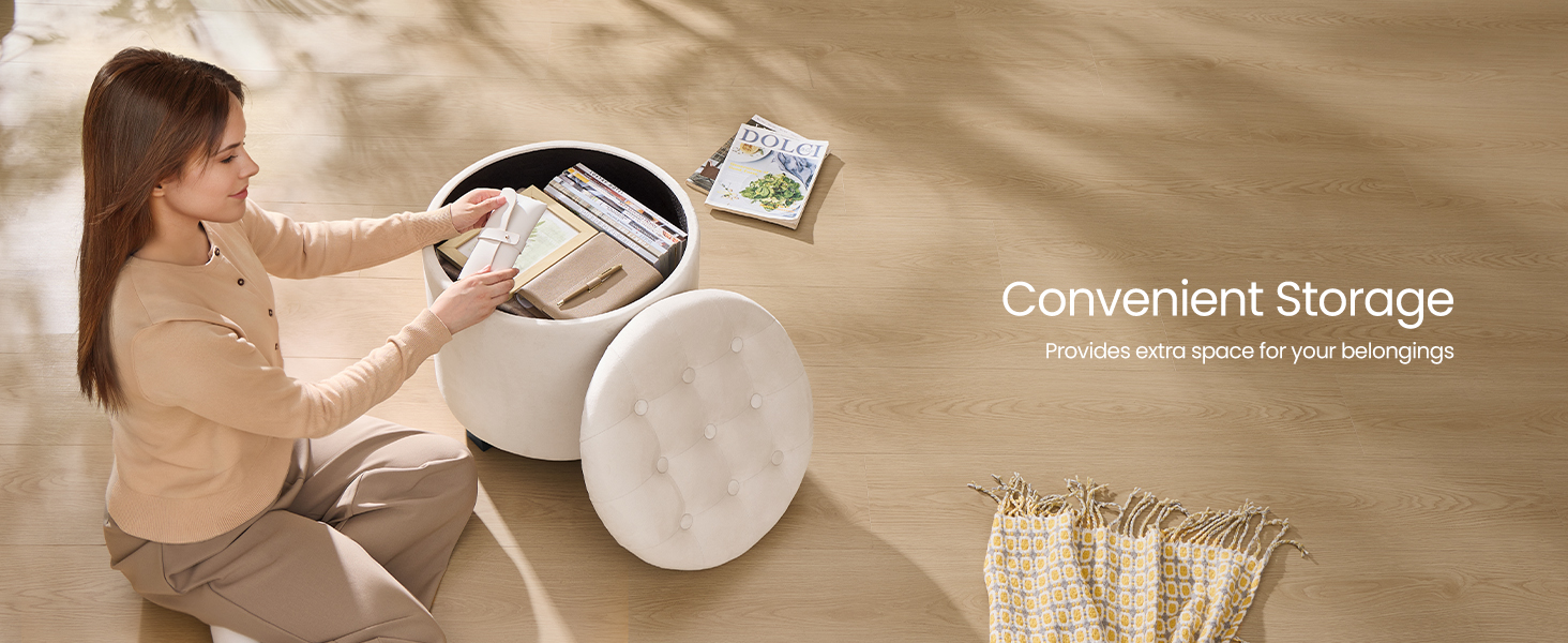 Text reads 'Convenient Storage'. Image shows person accessing storage compartment of white furniture piece with cushions visible.