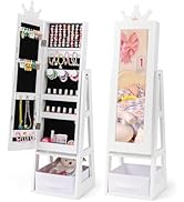 CHARMAID Kids Mirror Jewelry Cabinet - 45.5'' Standing Jewelry Armoire with Full Length Mirror, S...