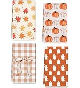 AnyDesign 4 Pack Fall Halloween Kitchen Towels Absorbent Dish Towels Pumpkin Plaid Bow Maple Leav...