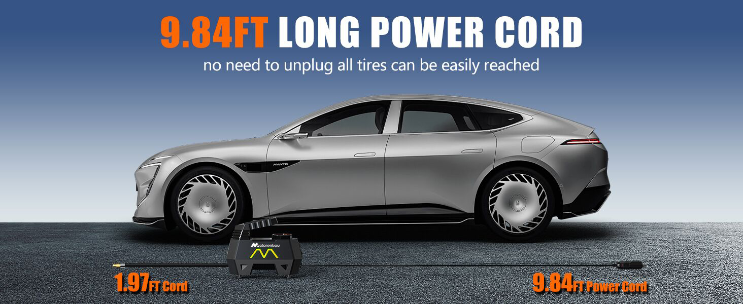 Car tire pump with 9.84ft long power cord