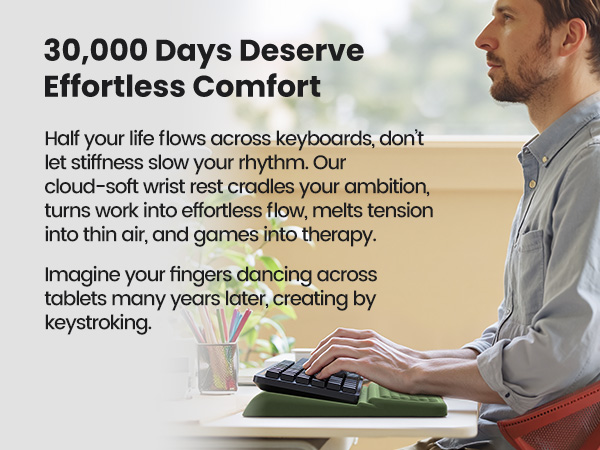 Text reads '30,000 Days Deserve Effortless Comfort' and 'Half your life flows across keyboards, don't let stiffness slow your rhythm'. Shows ergonomic workspace setup with wrist support.
