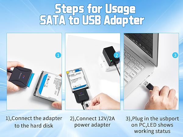 Text reads 'Steps for Usage SATA to USB Adapter' followed by three steps: '1.Connect the adapter to the hard disk 2.Connect 12V/2A power adapter 3.Plug in the usb port or PC/3.0 name'.