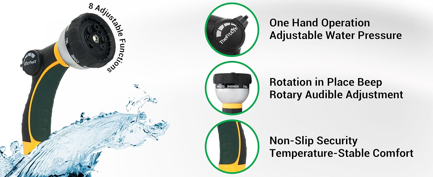 Text reads: 'One Hand Operation', 'Adjustable Water Pressure', 'Rotation to Place Stop', 'Easy Handle Adjustment', 'Non-Slip Security', 'Temperature Stable Comfort'. Handheld shower head with water spray demonstration.