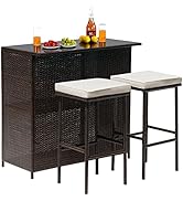 FDW Wicker Patio Furniture 3 Piece Patio Bar Table Set Chairs Wicker Outdoor Rattan Bistro Set Gl...